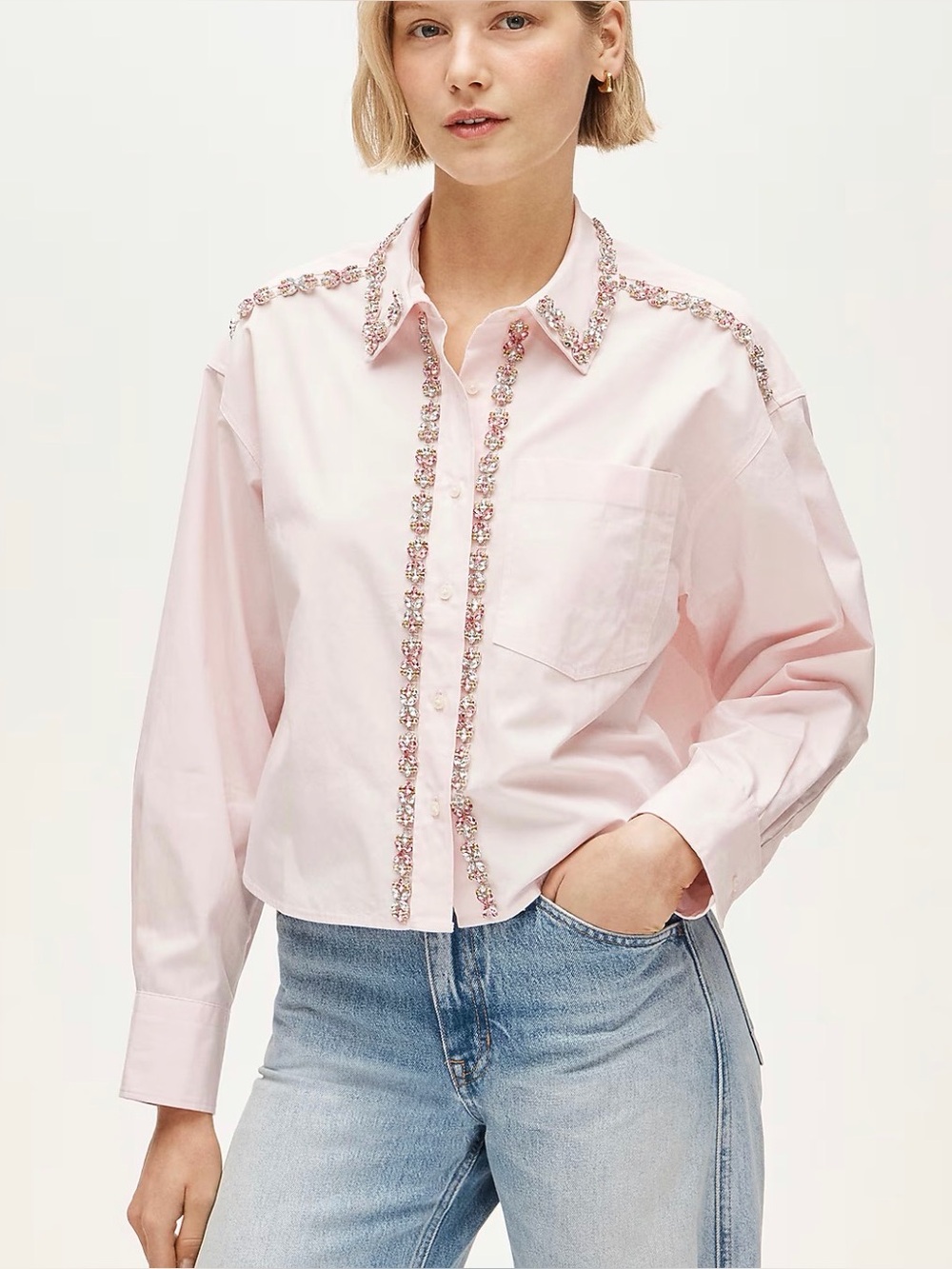 J Crew XXS Étienne cropped button-up shirt in embellished cotton poplin CT063